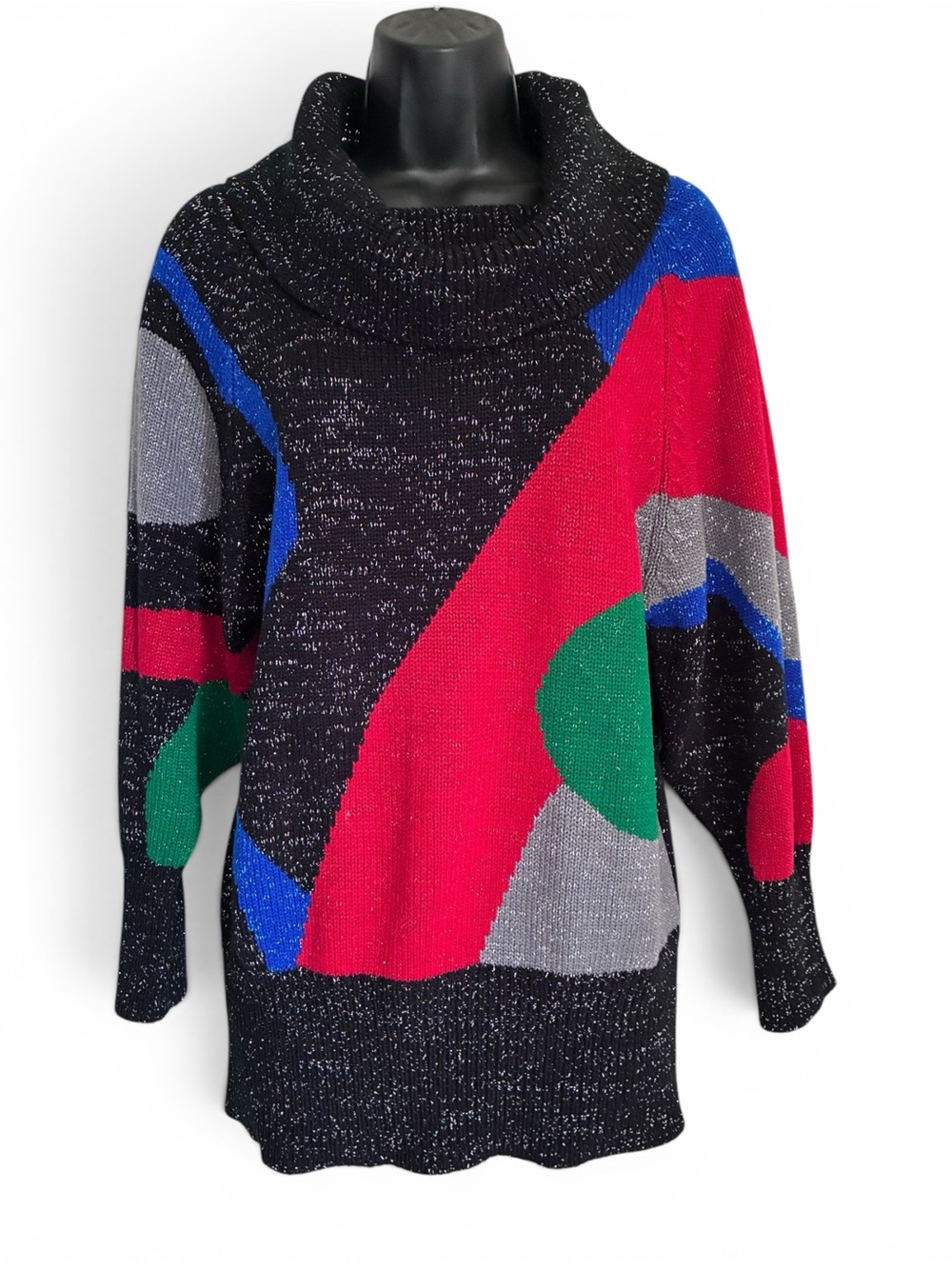 Vintage 80s 90s Black Red Blue Geometric Metallic Tinsel Cowl Neck Sweater Sz S